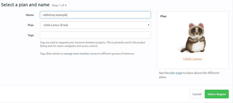 CloudAMQP create instance page